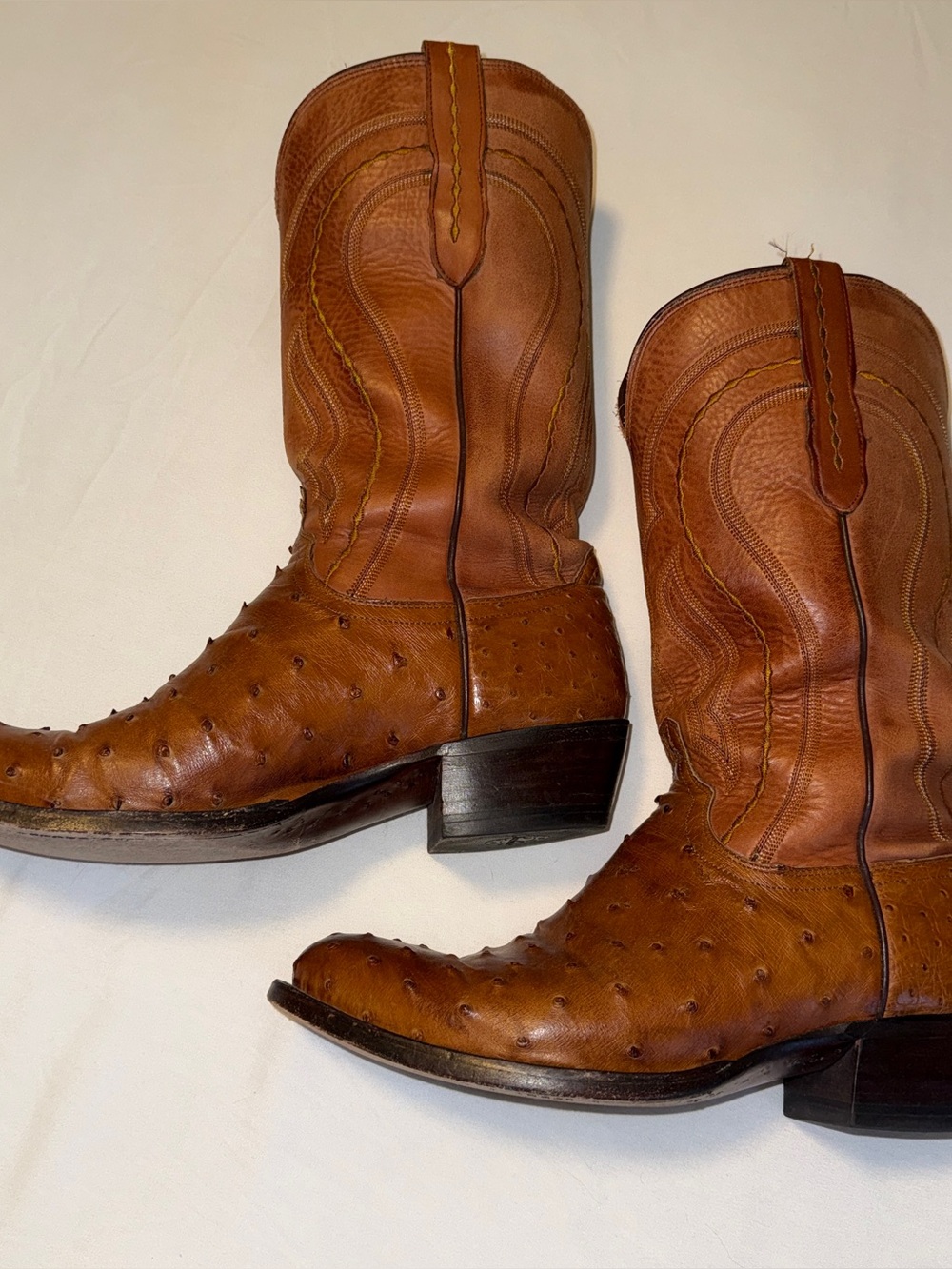 Lucchese Men's Tan Burnished Ostrich Medium Round Toe Boots, Size 10